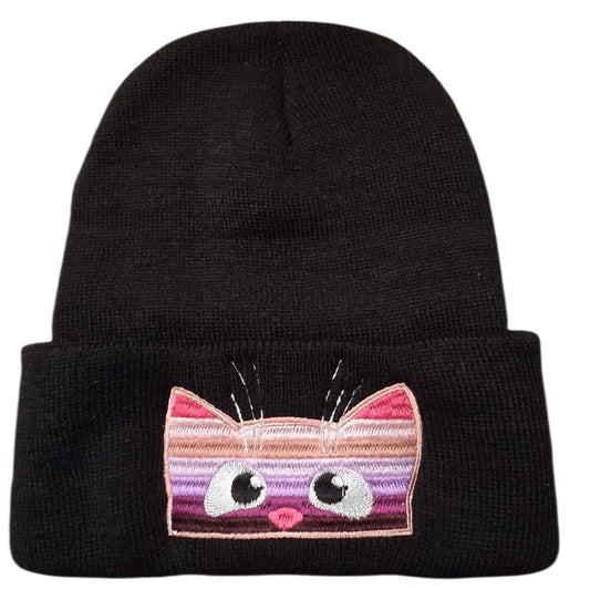 Pink and Purple stripe peeking kitten on a black beanie