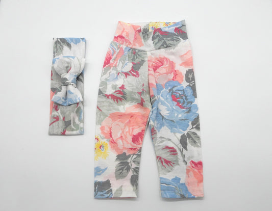 Pink & Blue Floral Leggings with Headband Limitied Edition
