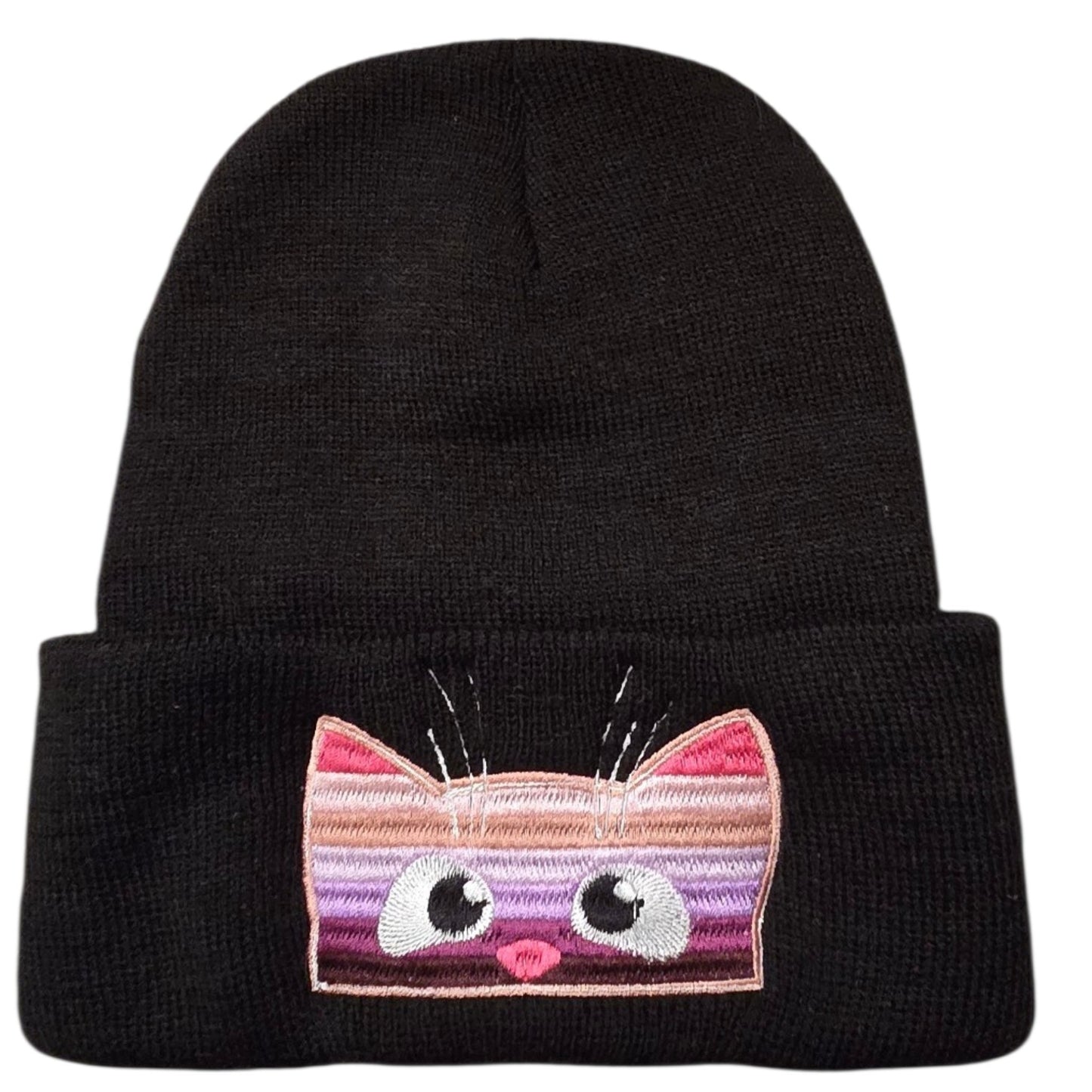 Pink and Purple stripe peeking kitten on a black beanie