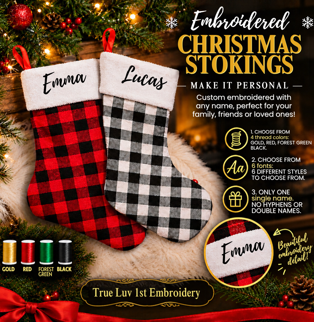 Buffalo Plaid Christmas Stocking with personalized name embroidered in black, gold, gree, or red thread.