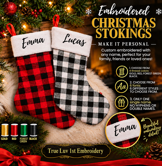 Buffalo Plaid Christmas Stocking with personalized name embroidered in black, gold, gree, or red thread.
