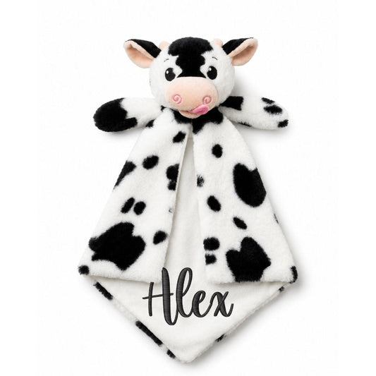 True Luv 1st personalized cow security blanket in soft white and black plush fabric with embroidered name Alex