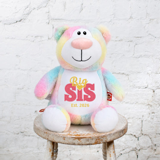 True Luv 1st pastel tie-dye plush teddy bear with Big Sis 2026 embroidery sitting on a rustic wooden stool